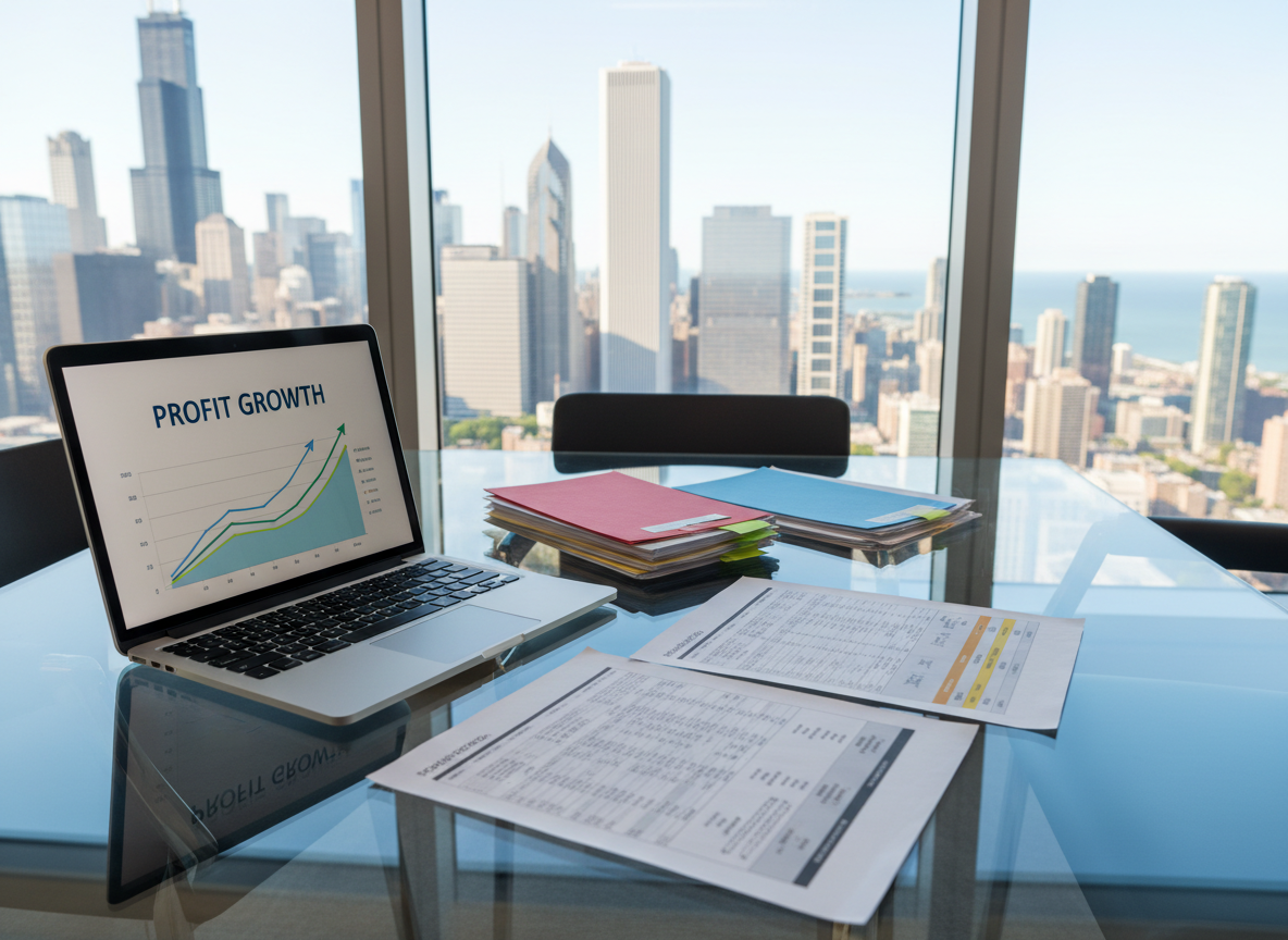 A sleek glass conference table covered with neatly arranged financial reports, a slim laptop showing upward-trending charts, and color-coded vendor invoices, all rendered in crisp photographic realism. The table sits in a modern high-rise office overlooking the Chicago skyline, with Lake Michigan faintly visible through floor-to-ceiling windows. Late-morning natural light pours in, creating clean reflections on the glass surface and subtle shadows under the documents. The mood is confident and opportunity-focused, suggesting hidden profits being uncovered. Shot from a slightly elevated, three-quarter angle with sharp focus throughout, the composition uses the rule of thirds to lead the eye from the laptop screen to the city beyond, conveying mid-market to enterprise profit recovery without any sense of cuts or layoffs.