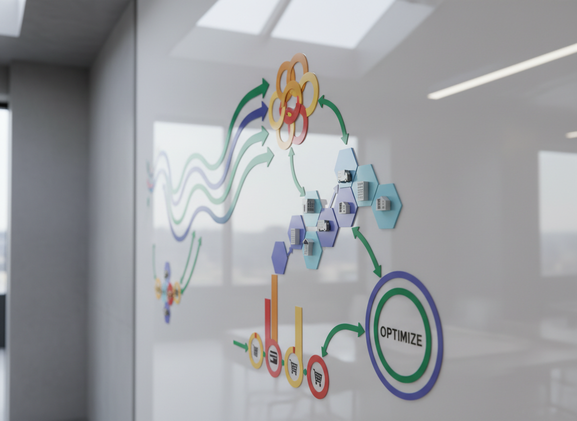 A close-up, photographic image of a polished whiteboard wall in a contemporary corporate workspace, filled not with text but with color-coded abstract shapes, arrows, and icons representing cash flow, vendor networks, and expense categories. Magnetic tokens shaped like tiny buildings and delivery trucks symbolize enterprise vendors, carefully clustered to imply optimization rather than cuts. Cool daylight from a skylight above creates bright highlights on the glossy whiteboard surface and soft reflections on adjacent matte gray walls. The mood is strategic and optimistic, suggesting structured profit recovery without headcount reduction. Shot at eye level with shallow depth of field, the foreground icons are in sharp focus while the distant wall and minimal office furniture blur into a gentle bokeh, emphasizing clarity emerging from complexity.