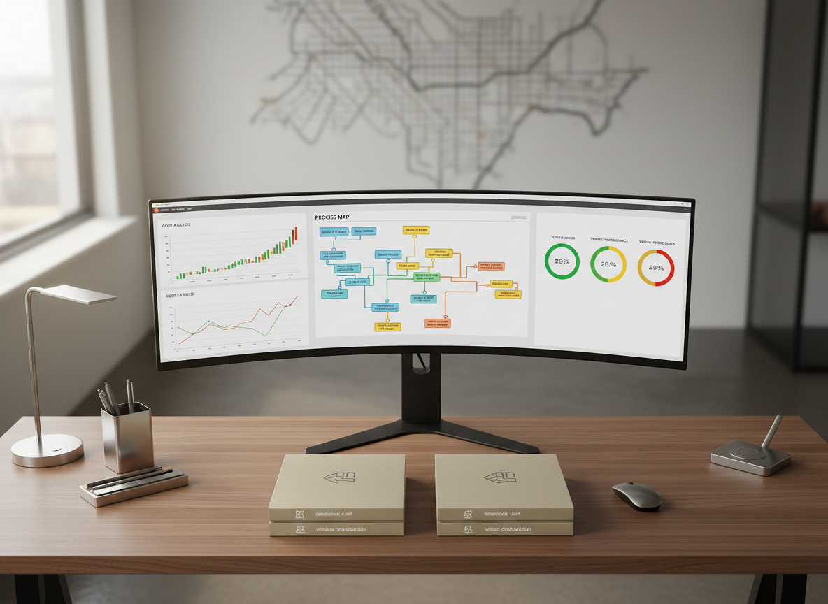 An overhead photographic view of an orderly operations control desk in a mid-market manufacturing office, featuring a large ultra-wide monitor showing a detailed cost-analysis dashboard, color-coded process maps, and vendor performance dials. Next to the monitor, neatly stacked audit binders are labeled with subtle, non-legible icons to suggest operational audits and vendor optimization. The desk surface is a warm, matte wood contrasted against cool metallic office accessories, with a faint outline of Chicagoland maps on a wall in the blurred background. Soft, diffused afternoon light from a side window reduces glare and creates a calm yet analytical atmosphere. The composition is centered with sharp clarity, evoking precise, professional profit recovery consulting in a clean, modern photographic style.